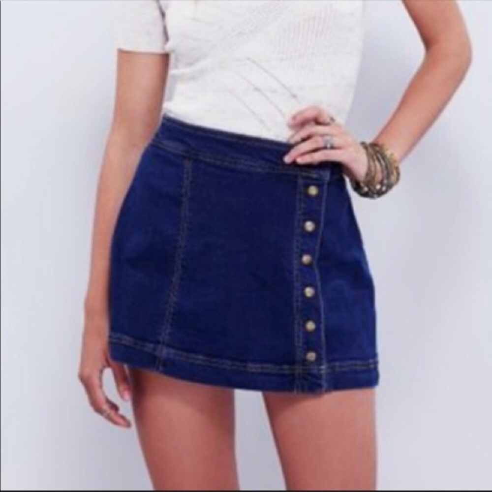 Free People 8 Button Blue Denim Short Mini Skirt